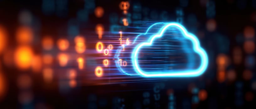 The glowing cloud symbol representing digital data transfer and technology advancements. photo