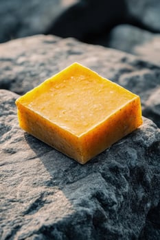 Sunlight illuminates the square turmeric soap placed on a textured grey rock surface outdoors photo