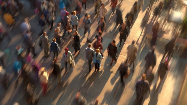 The dynamic movement of a bustling crowd in an urban setting photo