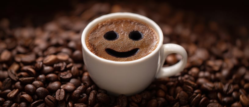 The cheerful coffee cup with a smiling face surrounded by roasted beans. photo