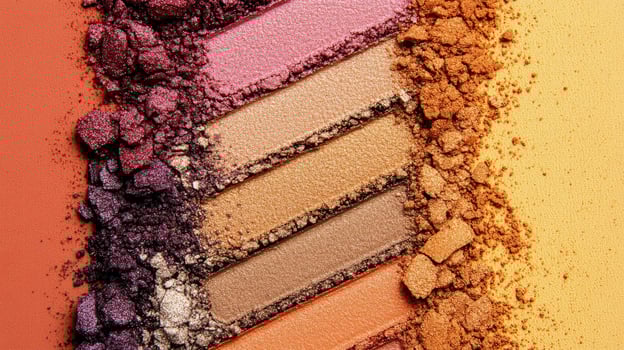 Several rows of colorful shimmer powder border edge of solid, textured powder shadows photo