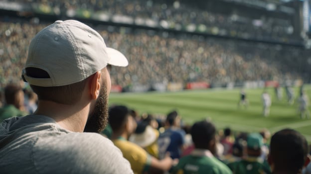 The enthusiastic fan watching the soccer match in a vibrant stadium crowd. photo