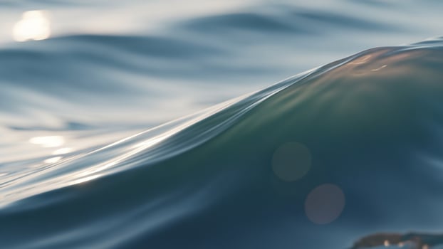 A wave is seen in the ocean with sunlight shining on it photo