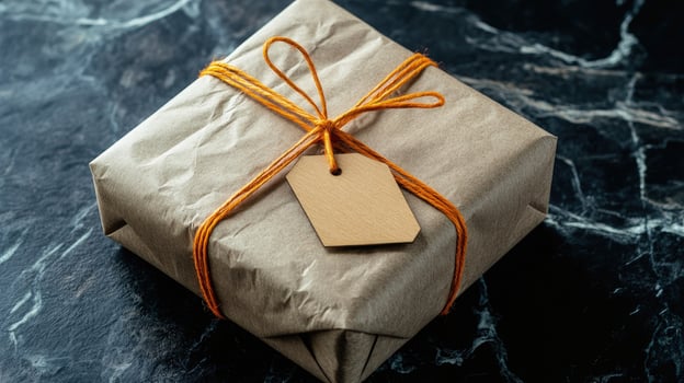 A rectangular gift wrapped in brown paper with orange string rests on marble photo
