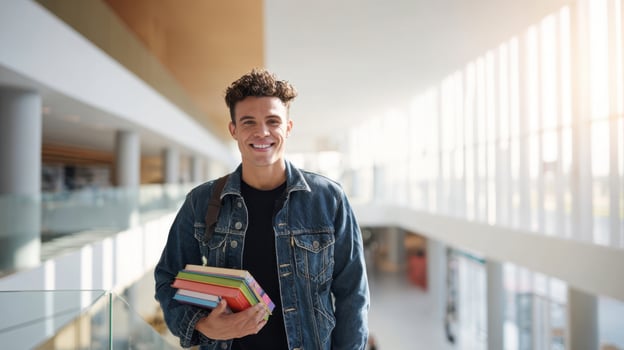 The smiling student holds books in a modern library environment. photo