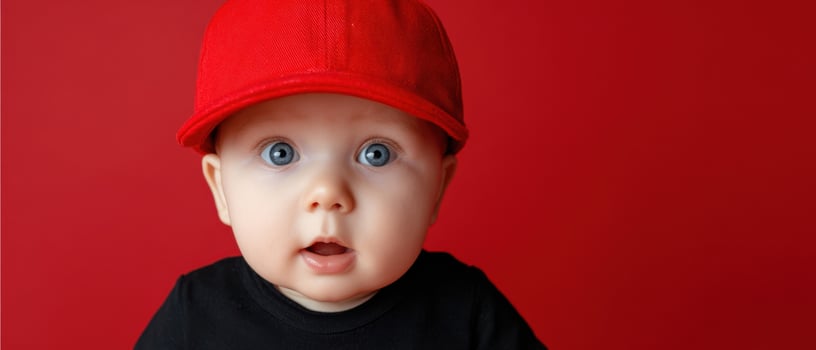 The adorable baby in a red hat with a surprised expression on a vibrant background. photo