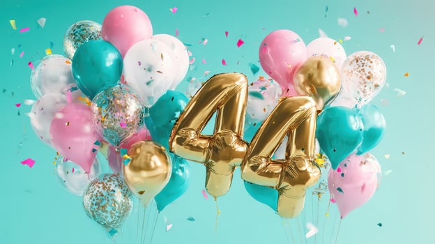 The vibrant collection of balloons featuring the golden number 44 in a cheerful setting. photo