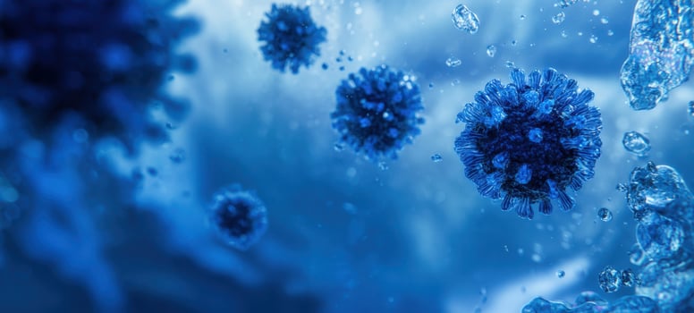 The virus surrounded by bubbling blue water in a microscopic view. photo