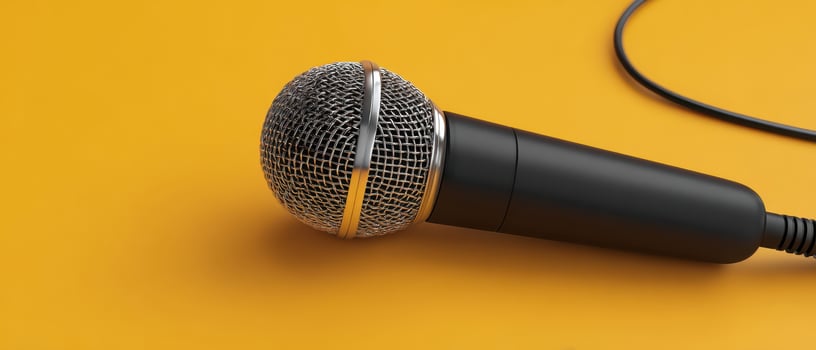 The microphone on a vibrant yellow background for creative audio projects. photo