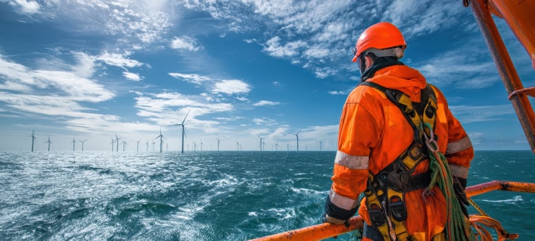 The offshore wind worker surveying the expansive wind farm under a vibrant sky. photo