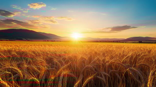 Golden wheat field glows as sun sets over the distant mountains and vibrant sky photo