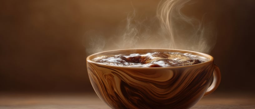 The steaming cup of coffee with swirling patterns and aromatic steam rising. photo