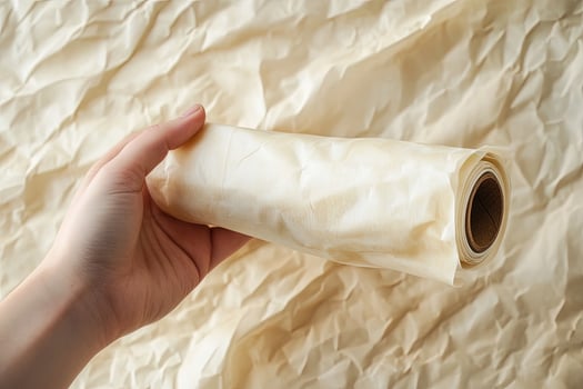 Caucasian hand holds light roll of parchment paper with crumpled sheet background photo