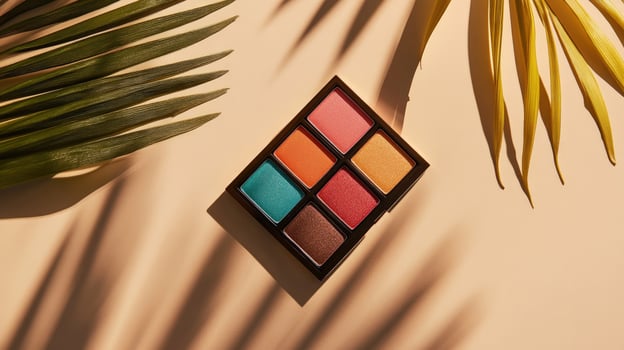 Tropical leaf shadows accent a bright eye shadow palette on a neutral surface photo