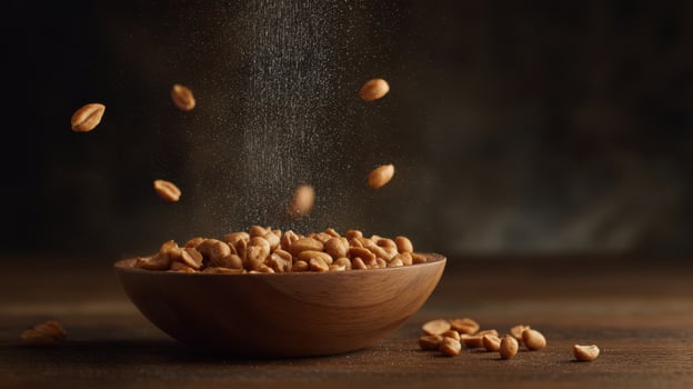 The wooden bowl filled with fresh peanuts and scattering seeds. photo