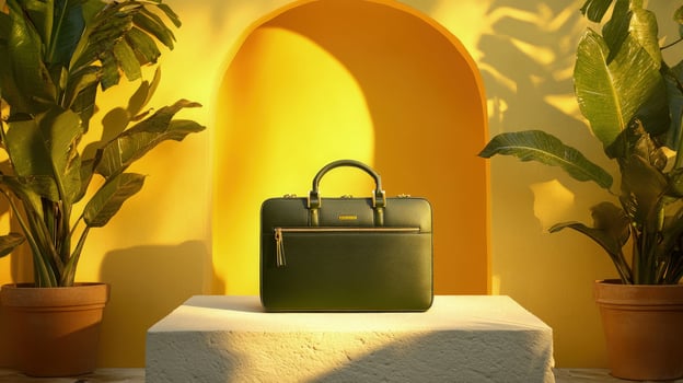 Sophisticated green leather briefcase stands centered under a sunlit archway with lush potted plants photo