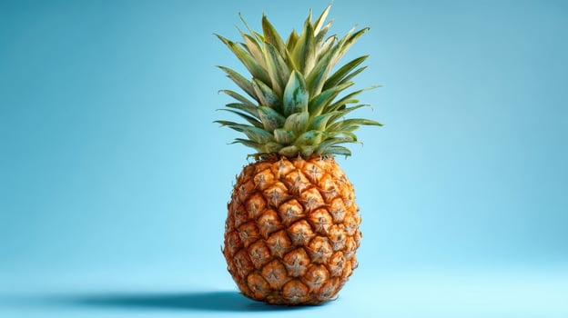 The fresh and vibrant pineapple standing against a soft blue background. photo
