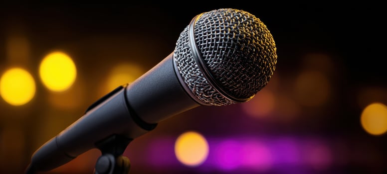 The microphone ready for an unforgettable musical performance illuminated by vibrant lights. photo
