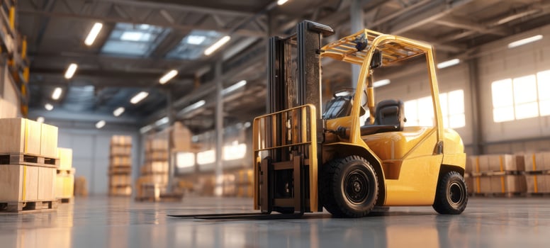 The yellow forklift in an industrial warehouse setting during daylight. photo