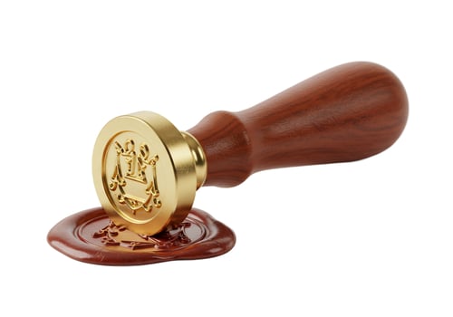 Wax seal press with golden head and wooden handle on red wax photo