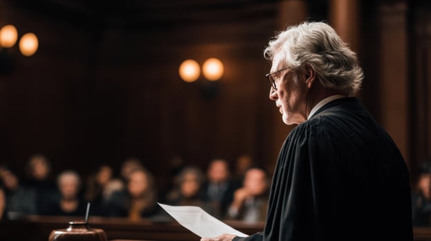 The judge delivers a ruling in a historic courtroom filled with attentive listeners. photo
