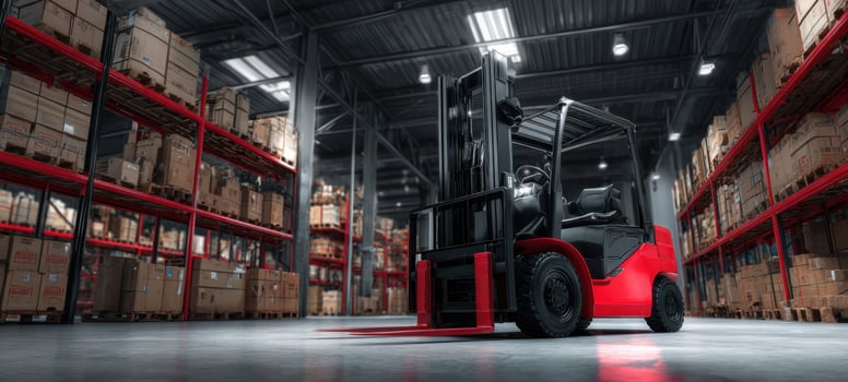 The efficient red forklift ready for operations in a modern warehouse environment. photo