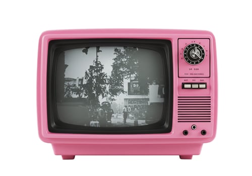 Pink retro television with black and white display isolated on white background photo