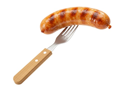 Grilled sausage on fork food culinary still life photo