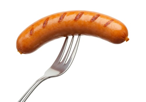 Grilled sausage on fork food photography isolated on white background photo