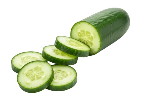 Fresh cucumber slices and whole vegetable on white background still life photo