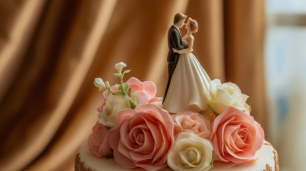 The romantic cake topped with a couple figurine surrounded by beautiful flowers. photo