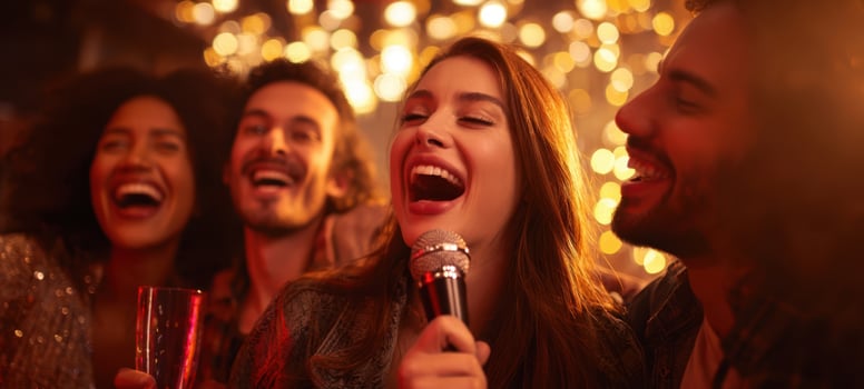 The lively group of friends enjoying karaoke at a festive party. photo
