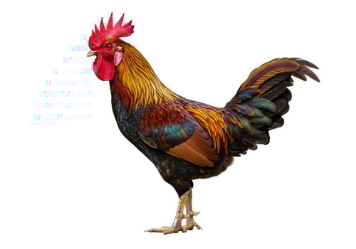 Colorful rooster standing isolated on white background domestic farm animal photo