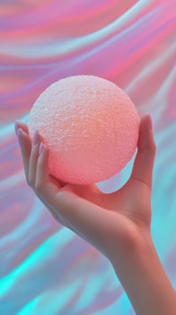 Hand with pink manicure holds a luminous spherical form against an iridescent backdrop photo