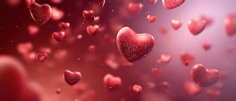 The captivating display of floating hearts in a dreamy romantic background. photo