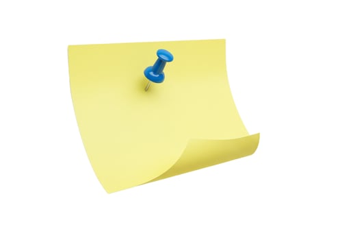 Yellow sticky note with blue push pin on white background for message reminder or office communication photo
