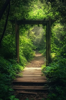 Wooden gate to sunlight framed by lush green forest and a path forward photo