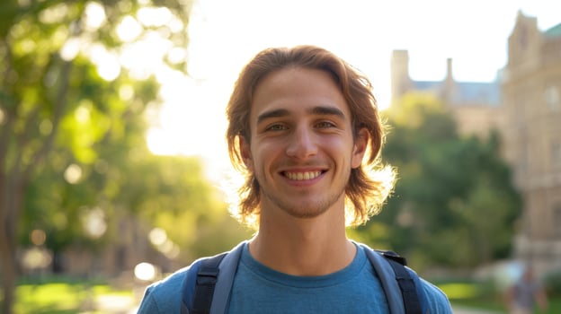The young man smiling confidently in a university setting under bright sunlight. photo