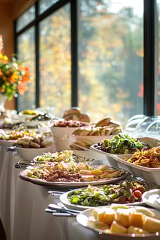 Table brimming with diverse food offerings, perfect catering against a bright window backdrop photo