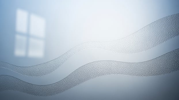 A blue wall with a window and a wave pattern photo