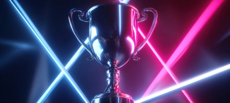 The gleaming trophy illuminated by vibrant neon lights in a dynamic setting. photo