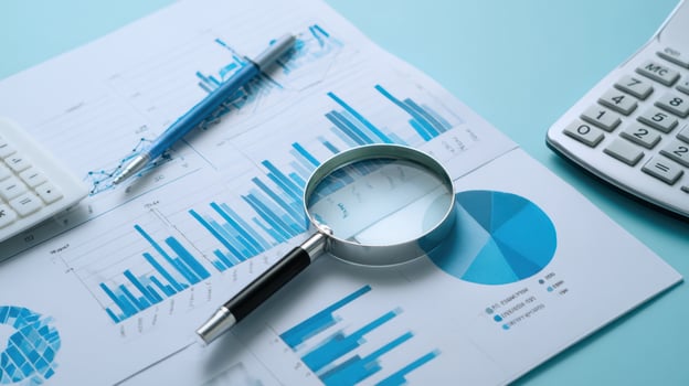 The detailed analysis of business data with magnifying glass and calculator. photo