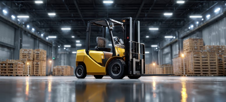 The yellow forklift in a spacious warehouse setting with pallets stacked. photo