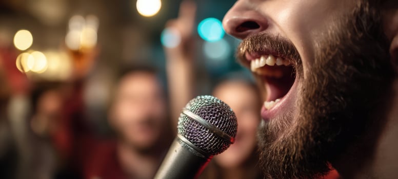 The passionate singer performing with energy in a lively bar atmosphere. photo