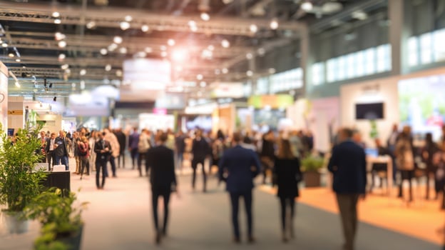 The vibrant exhibition hall bustling with professionals and engaging booths. photo