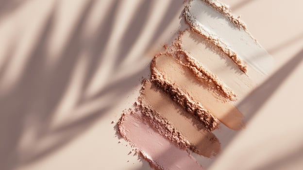 Cosmetic powder swatches in various shades with palm leaf shadows, creating an elegant aesthetic. photo