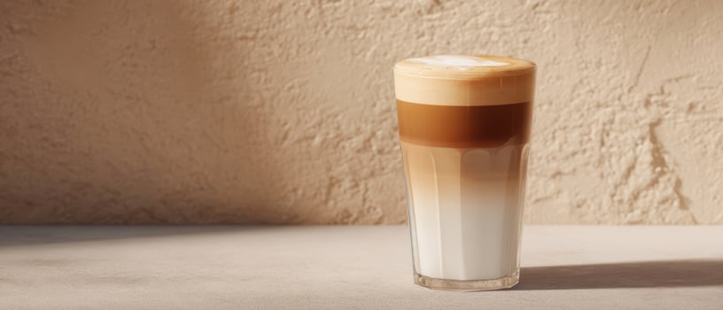 The layered coffee drink showcasing a perfect latte art presentation. photo