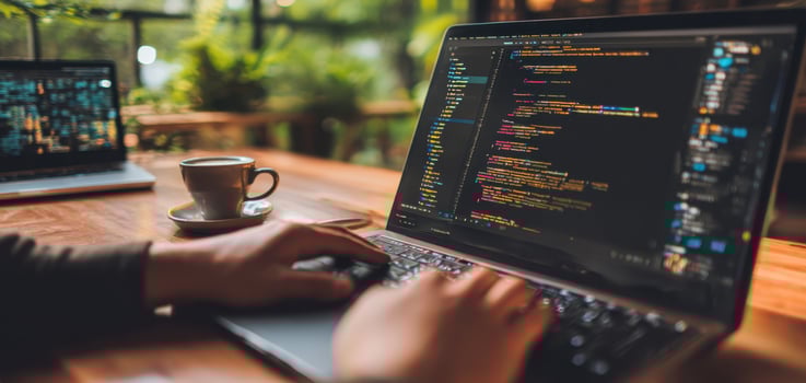 The programmer working on a laptop amidst a serene workspace with coffee. photo
