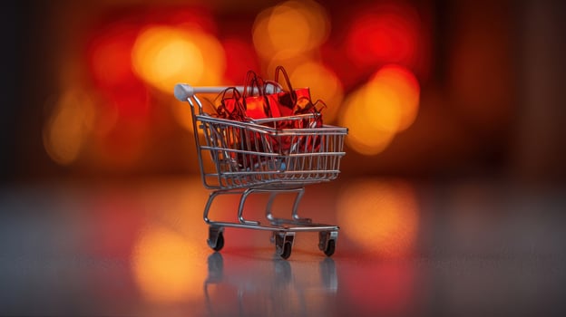 The miniature shopping cart filled with bright decorations on a vibrant background. photo
