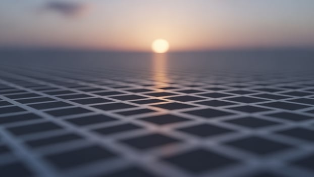 A photo of a grid of squares with the sun setting behind it